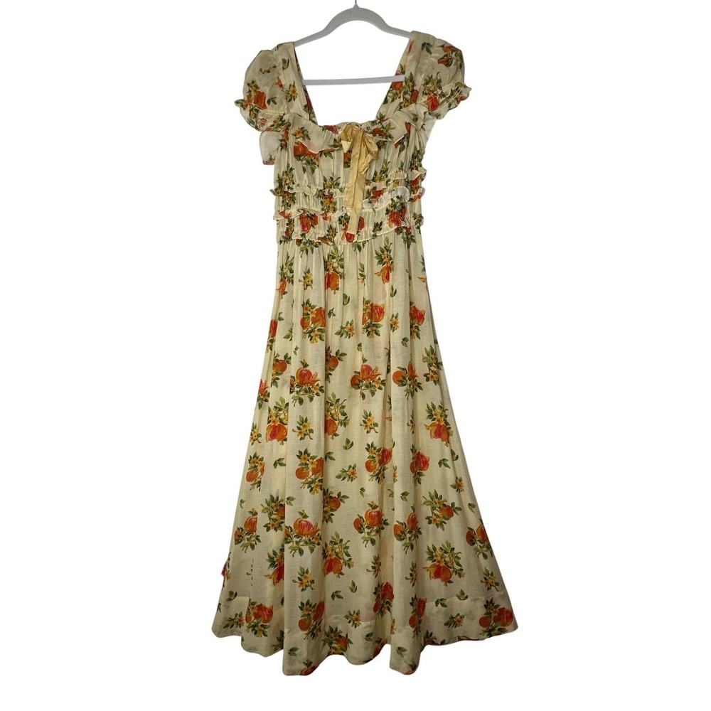Doen Clarinet Maxi Dress Women Small Floral Orange Smocked Short Sleeve Romantic - Picture 3 of 14